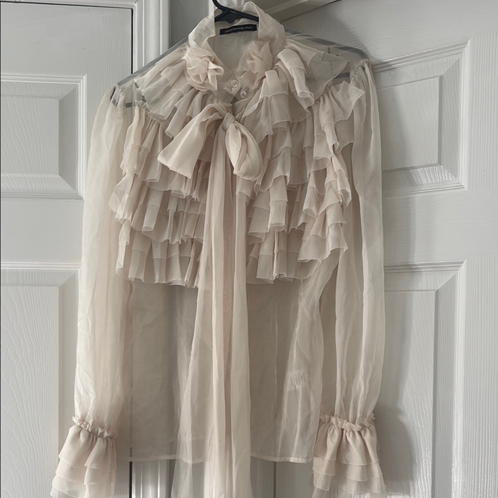 Sheer Ruffle Tie-Neck Blouse - Cream